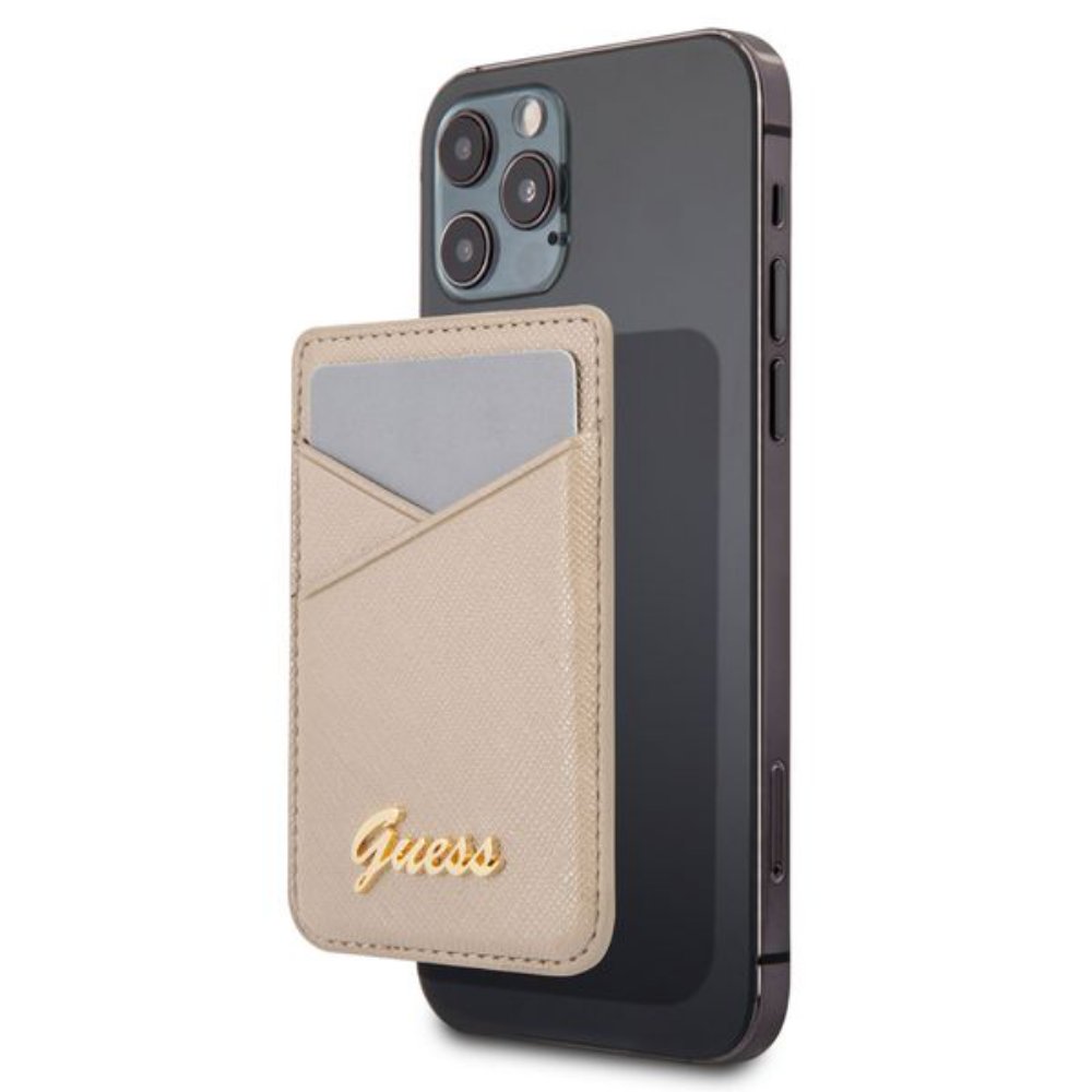 Torbica za kartice Guess Wallet Cardslot Sticker 3M Saffiano Script zlatna (GUCHSSAGO)