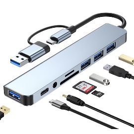 Slika Adapter Type C - USB 3.0 JWD na 3x USB 2.0, PD, 3.5mm, SD, TF, USB 3.0 8 u 1 sivi
