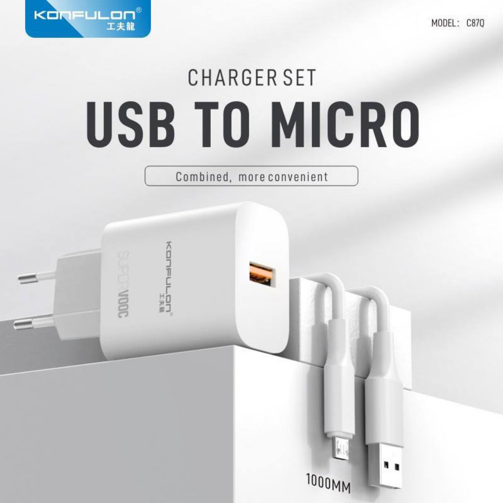 Kucni punjac KONFULON C87Q, 3A, 25W, sa micro USB kablom beli