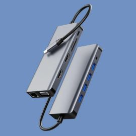 Slika Adapter Type C na LAN Gb, SD card, TF, Type C, 3xUSB 3.0, USB 2.0, Audio, 2xHDMI i VGA 12 u 1 20cm kabl