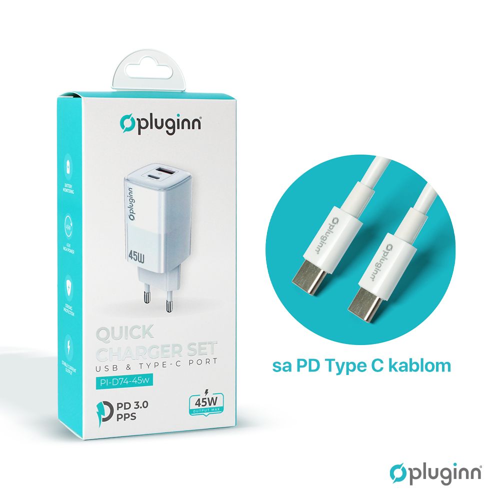 Kucni Punjac Pi-d74 Pluginn 45w Pps Usb 19w Pd Sa Kabl Qc3.0 - slika 2