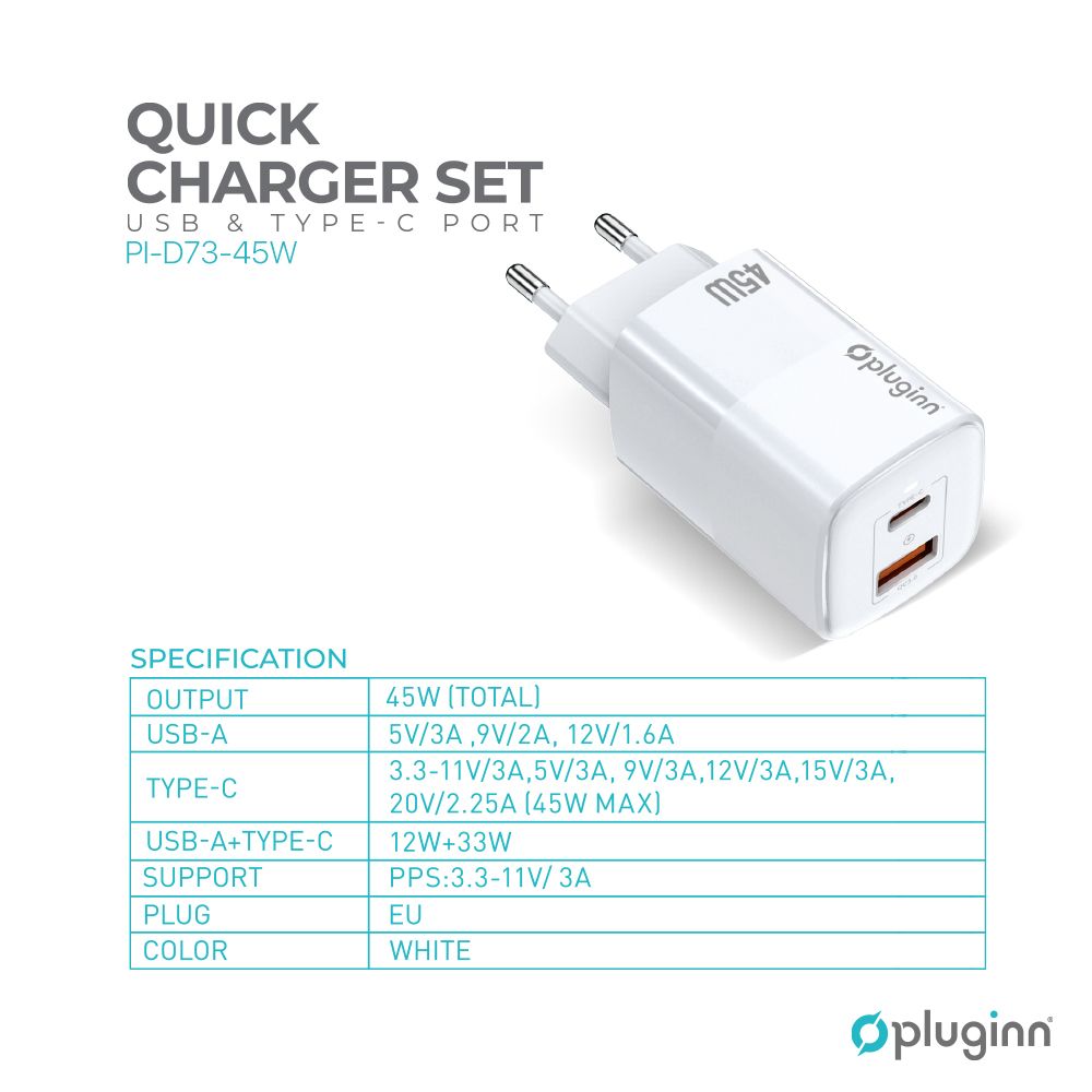 Kucni Punjac Pi-d74 Pluginn 45w Pps Usb 19w Pd Sa Kabl Qc3.0 - slika 3