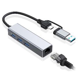 Slika Adapter Type C - USB 3.0 JWD na LAN, 3x USB 3.0 4 u 1 sivi