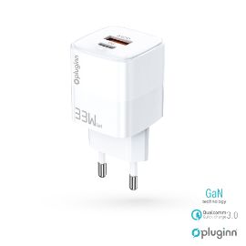 Slika Kucni punjac Pluginn PI-D73-33w, GaN, QC3.0 PD3.0, PPS, USB-PD 20W+33W, 53W (total) sa PD Type C kablom beli CE